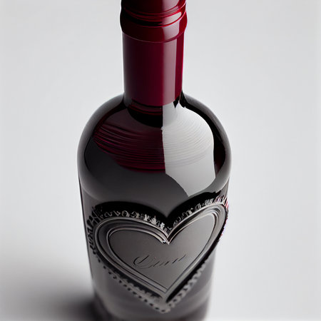 Close up shot of a bottle of wine for Valentine's Day background with copy space. Gift ideas. Design for Valentine's Day festive banner.の写真素材