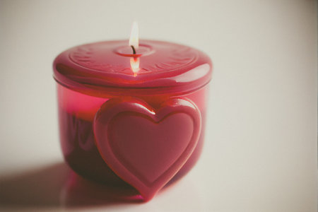 Close up shot of a scented candle for Valentine's Day background with copy space. Gift ideas. Design for Valentine's Day festive banner.の写真素材
