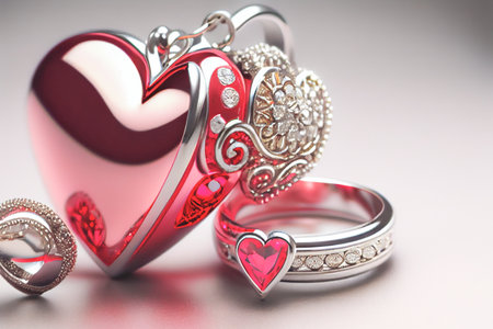 Close up shot of heart jewelry for Valentine's Day background with copy space. Gift ideas. Design for Valentine's Day festive banner.の写真素材