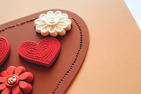 Close up shot of handmade card for Valentine's Day background with copy space. Gift ideas. Design for Valentine's Day festive banner.の写真素材