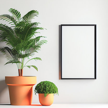 Mockup of empty frame displayed inside room interior with white wall background and plant pot...