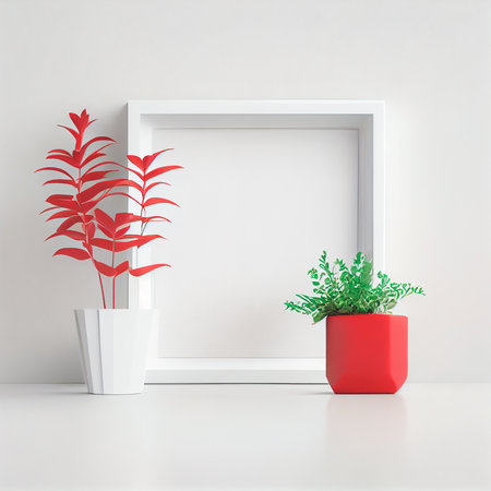 Mockup of empty frame displayed inside room interior with white wall background and red plant pot...