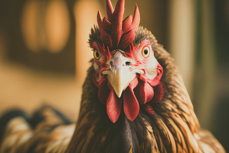 Close up of a chicken on a farm, set against natural background. Perfect for showcasing the simplicity and rustic charm of country life.の写真素材