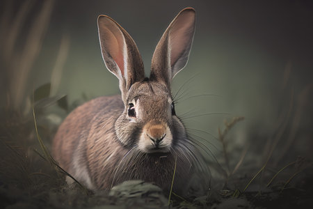 Adorable close-up of a small rabbit sitting amidst green grass. Perfect for showcasing the cute and...