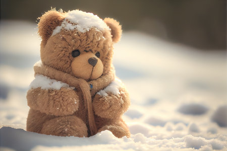 Light brown teddy bear with scarf sitting on white snow. Enjoying cold winter day. 3D illustrationの写真素材