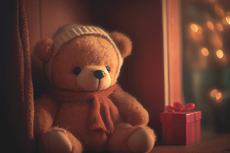 A small brown teddy bear sitting near a red gift box with bokeh background, perfect for Valentine's Day concept of love, romance, and gift-giving.の写真素材