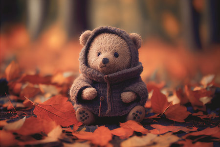 Cute teddy bear with scarf sits on dry orange leaves pile on ground in autumn park on nice sunny day close view. Warm sunny autumn day. 3D illustrationの写真素材