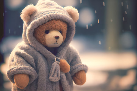Light brown teddy bear with scarf sitting on white snow. Enjoying cold winter day. 3D illustrationの写真素材
