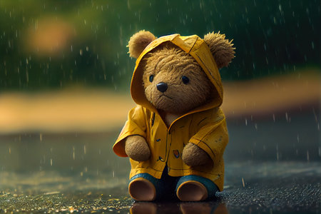 Small brown teddy bear standing in the rain, concept feelings of nostalgia and longing.の写真素材