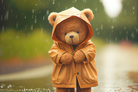 Small brown teddy bear standing in the rain, concept feelings of nostalgia and longing.の写真素材