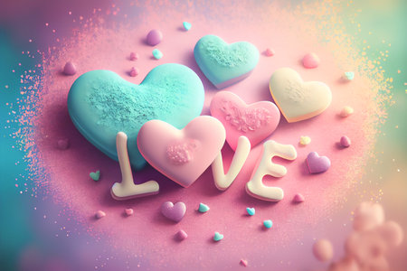 Holiday Greeting Card for Valentine Day with pastel background. Love valentine concept 3d render. Romantic template for wedding.の素材