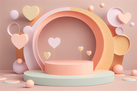 Empty pastel cylinder podium with 3D hearts and copy space background. Valentine's Day interior with pedestal. Mockup space for display of product. 3D rendering.の写真素材
