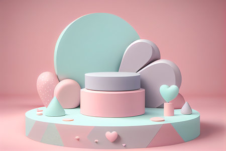 Empty pastel cylinder podium with 3D hearts and copy space background. Valentine's Day interior with pedestal. Mockup space for display of product. 3D rendering.の写真素材