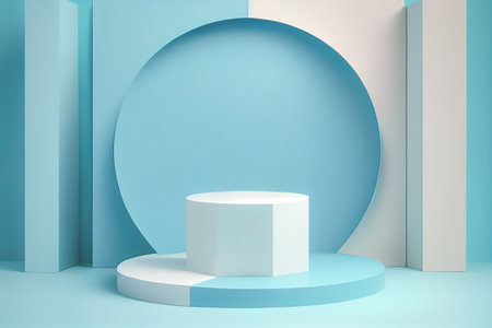 Pedestal podium with rounded corners in blue and white. Platform with geometric shapes. Scene of a minimalist wall in blue. Design of abstract in pastel colors.の写真素材