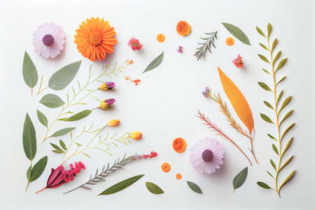 Composition of flowers. Frame pattern made from different dried flowers and leaves on white background. Flat lay, top view, copy spaceの写真素材