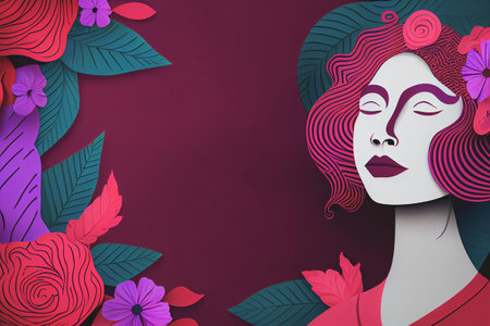 International Women's Day 8 march background with copy space. Woman Head Illustration from Side View Happy Women's Day. Template for UI, Web, Banner, or Greeting Card. Wide angle format bannerの写真素材