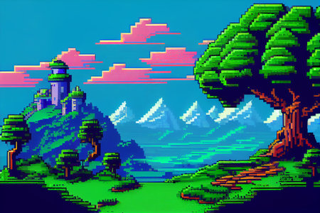 Video game background landscape with mountains and forests in 16 bit pixels. Retro video arcade game nature location with pixel art mountain hills, snow peaks, sky and clouds, trees, grass and lakeの写真素材