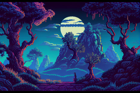 Video game background landscape with mountains and forests in 16 bit pixels. Retro video arcade game nature location with pixel art mountain hills, snow peaks, sky and clouds, trees, grass and lakeの写真素材