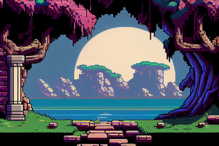 Video game background landscape with mountains and forests in 16 bit pixels. Retro video arcade game...