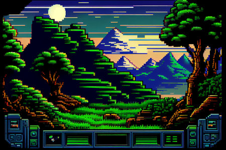 Video game background landscape with mountains and forests in 16 bit pixels. Retro video arcade game nature location with pixel art mountain hills, snow peaks, sky and clouds, trees, grass and lakeの写真素材