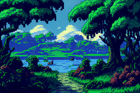 Video game background landscape with mountains and forests in 16 bit pixels. Retro video arcade game...