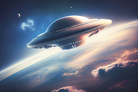 Unidentified flying object flying over the eart, illuminating the darkness as it hovers above the...