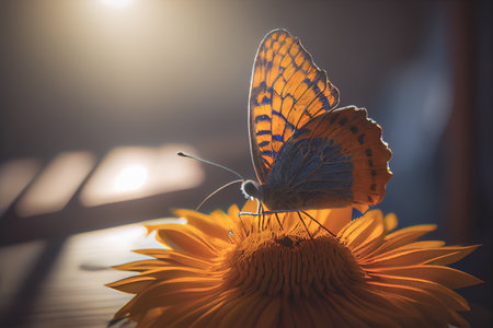 Beautiful butterfly flutters over golden meadow grass, in a natural rustic landscape.  Summer or autumn season background with copy space.の写真素材