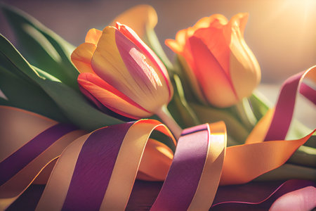 Ribbon and tulip flowers background with copy space International Women's Day celebration.の写真素材