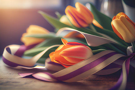 Ribbon and tulip flowers background with copy space International Women's Day celebration.の写真素材