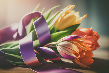 Ribbon and tulip flowers background with copy space International Women's Day celebration.の写真素材