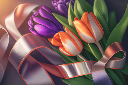 Ribbon and tulip flowers background with copy space International Women's Day celebration.の写真素材
