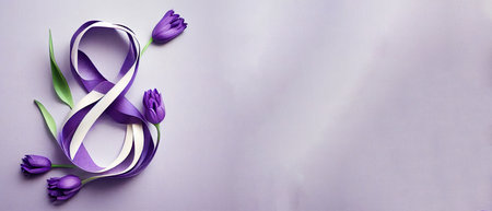Number 8 with violet ribbon and tulip flowers on light background. International Women's Day celebration. Wide angle format banner.の写真素材