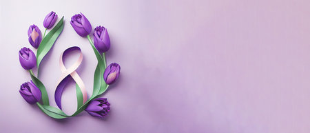 Number 8 with violet ribbon and tulip flowers on light background. International Women's Day celebration. Wide angle format banner.の写真素材