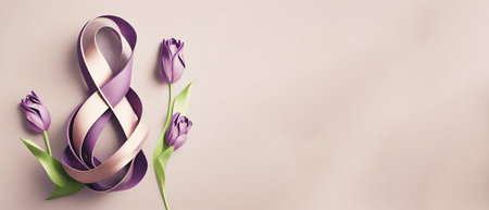 Number 8 with violet ribbon and tulip flowers on light background. International Women's Day celebration. Wide angle format banner.の写真素材