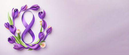 Number 8 with violet ribbon and tulip flowers on light background. International Women's Day celebration. Wide angle format banner.の写真素材