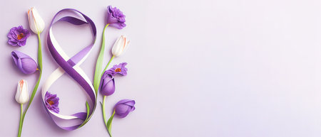 Number 8 with violet ribbon and tulip flowers on light background. International Women's Day celebration. Wide angle format banner.の写真素材