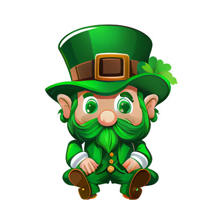 Cute Leprechaun Saint Patricks day irish cartoon and four leaf clover for St. Patrick's Day.の写真素材