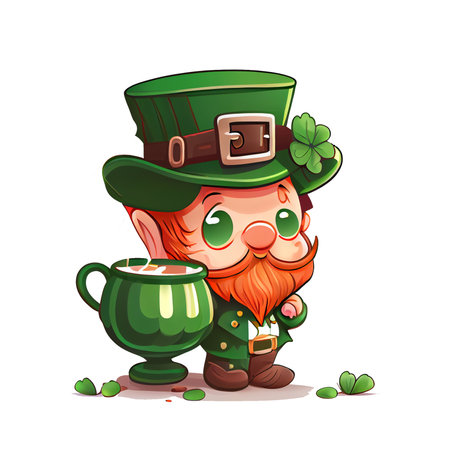 Cute Leprechaun Saint Patricks day irish cartoon and four leaf clover for St. Patrick's Day.の写真素材
