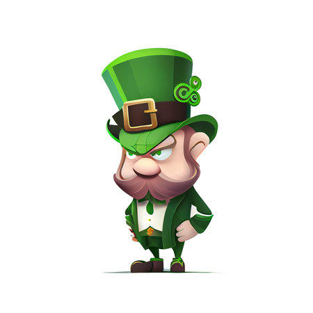 Cute Leprechaun Saint Patricks day irish cartoon and four leaf clover for St. Patrick's Day.の写真素材