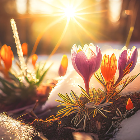 The first spring flowers, crocuses in a forest with snow background also have copy space for text.の写真素材
