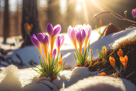 The first spring flowers, crocuses in a forest with snow background also have copy space for text.の写真素材