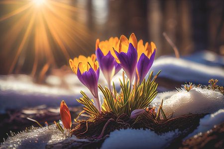 The first spring flowers, crocuses in a forest with snow background also have copy space for text.の写真素材