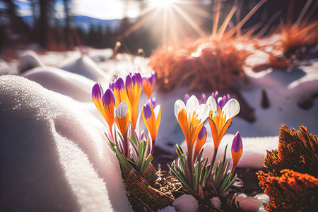The first spring flowers, crocuses in a forest with snow background also have copy space for text.の写真素材