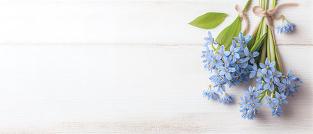 Top view blue Scilla flowers on white wooden background with space for text. First spring flowers. Greeting card for Valentine's Day, Woman's Day and Mother's Day.の写真素材