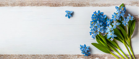 Top view blue Scilla flowers on white wooden background with space for text. First spring flowers. Greeting card for Valentine's Day, Woman's Day and Mother's Day.の写真素材
