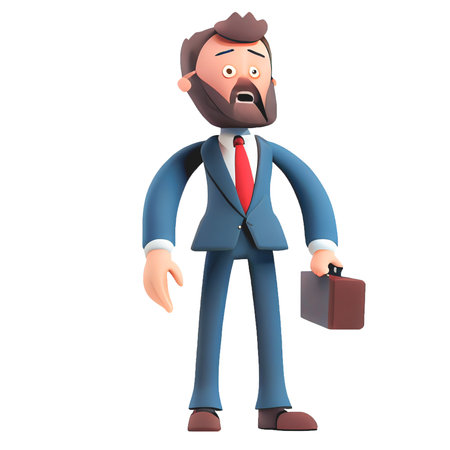 Young business man in suit standing with briefcase on a white background. Leader success, management concept. 3d illustration people character. Cartoon minimal style.の写真素材