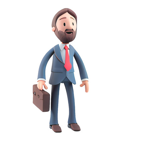 Young business man in suit standing with briefcase on a white background. Leader success, management concept. 3d illustration people character. Cartoon minimal style.の写真素材
