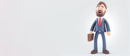Young business man in suit standing with briefcase on a white background. Leader success, management concept. 3d illustration people character. Cartoon minimal style.の写真素材