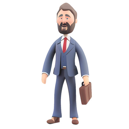 Young business man in suit standing with briefcase on a white background. Leader success, management concept. 3d illustration people character. Cartoon minimal style.の写真素材