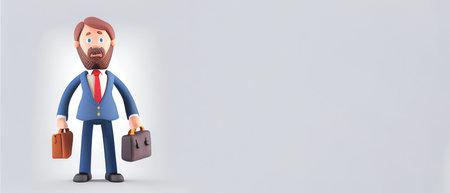 Young business man in suit standing with briefcase on a white background. Leader success, management concept. 3d illustration people character. Cartoon minimal style.の写真素材